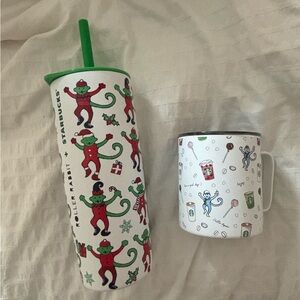Roller Rabbit x Starbucks Green and Red Holiday Tumbler and Mug